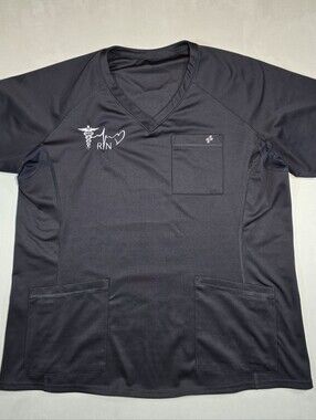 Womens Grey FIT Scrubs Scrub Top Embroidered Caduceus/ECG RN/Heart Sz. XL